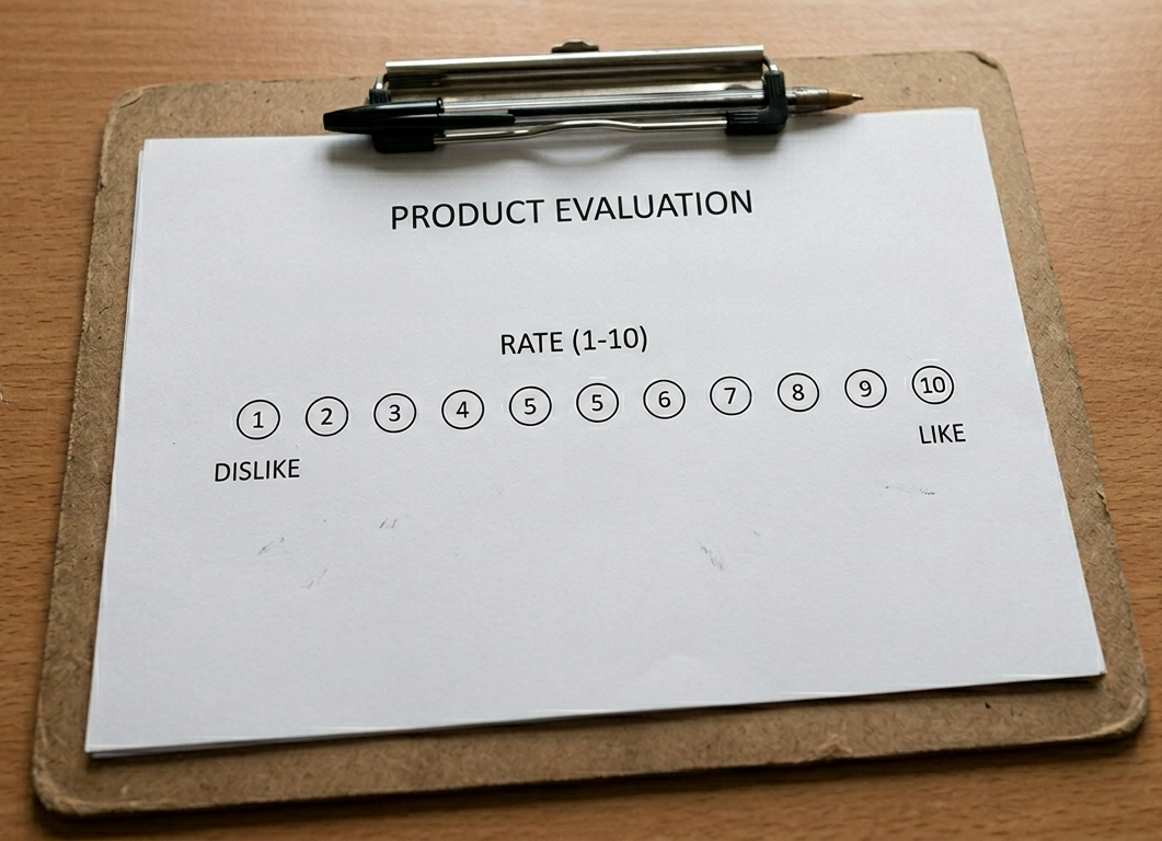 Manual product evaluation questionnaire with a 1-10 rating scale